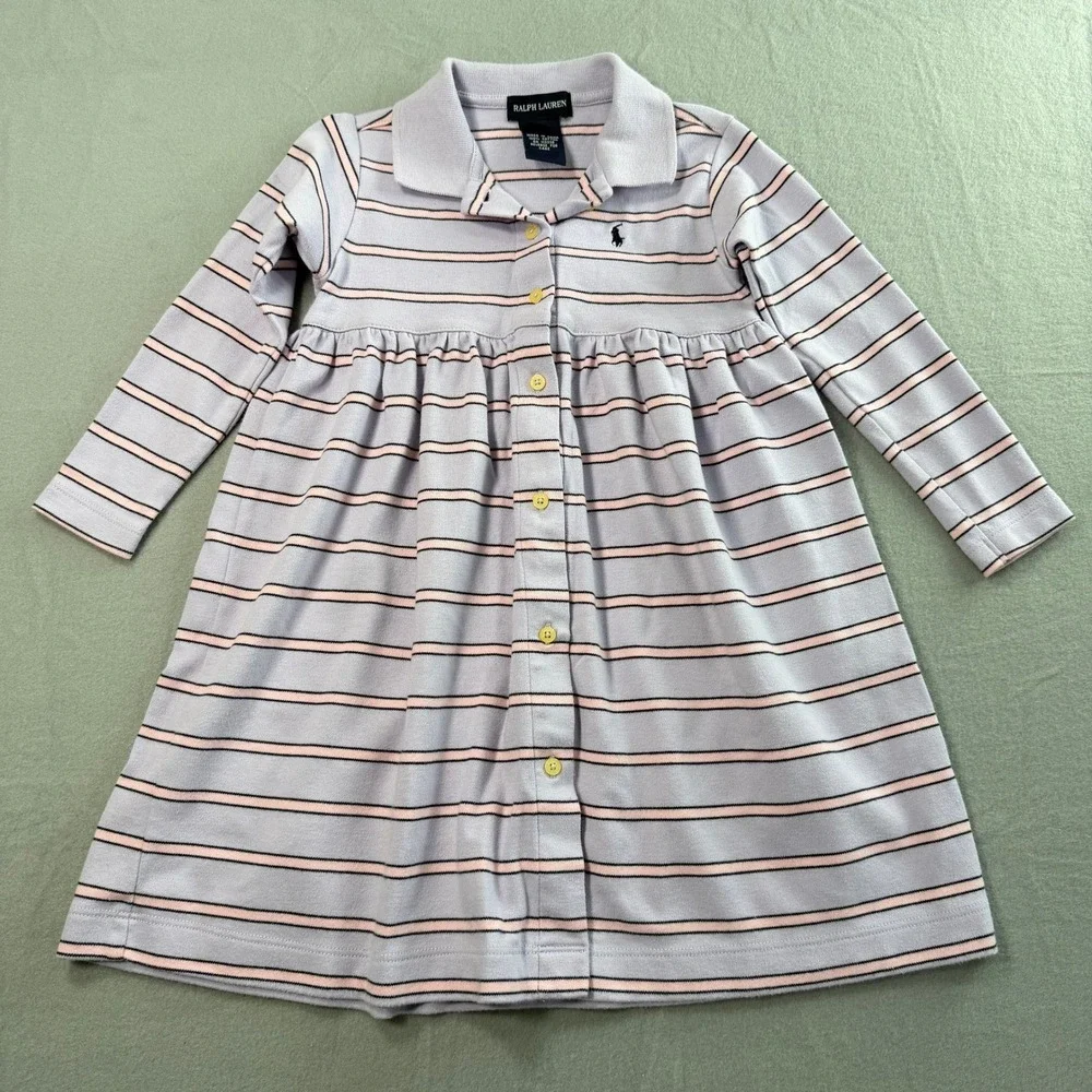 Ralph Lauren Polo Dress Girls 3T Purple Striped Long Sleeve Mini Pony